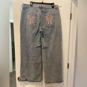 Women's Wide Leg Gray Blue Jeans with Pink Bow Accents